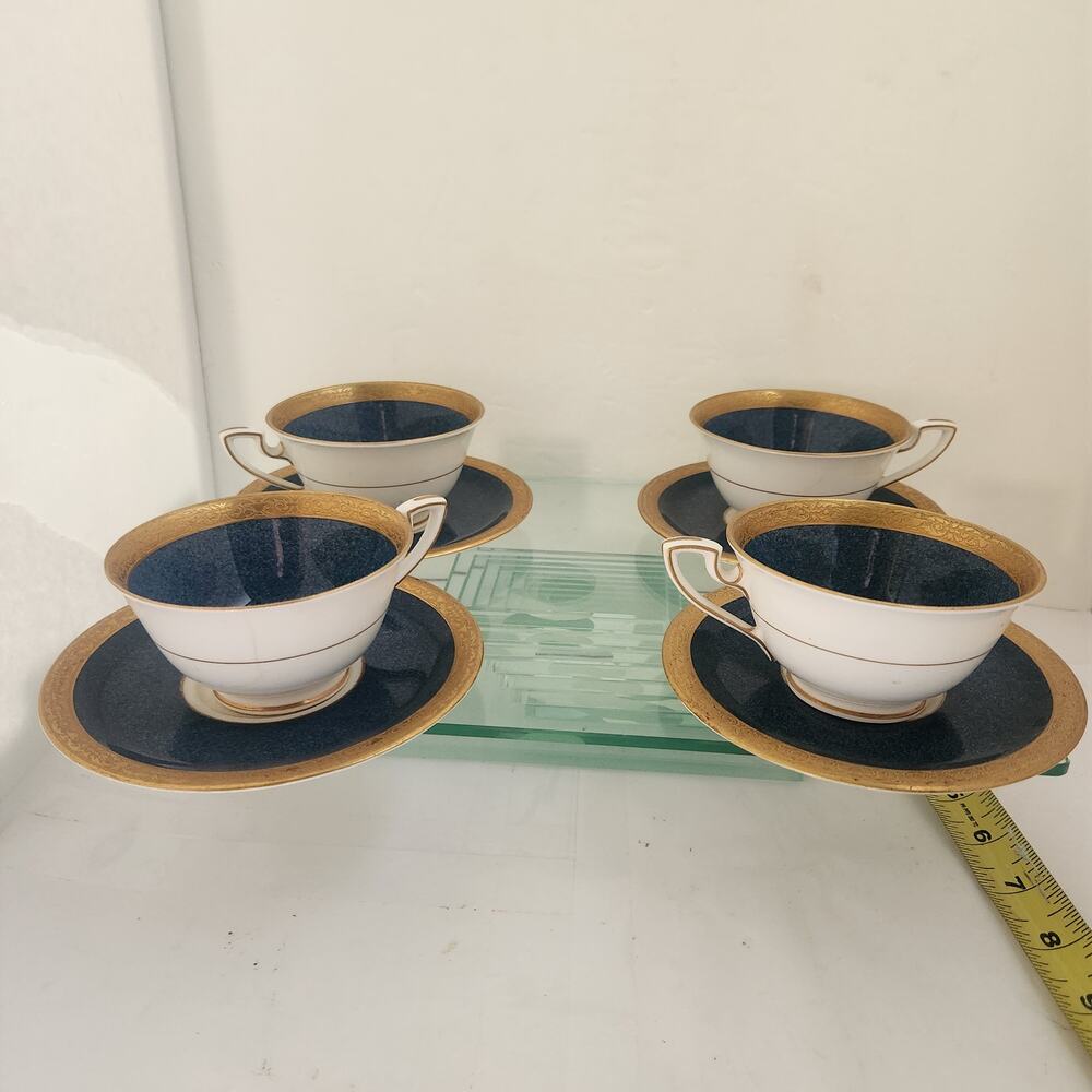 Vintage Set of 4 Royal Worecester Tea Cup & Plate Cobalt Gold